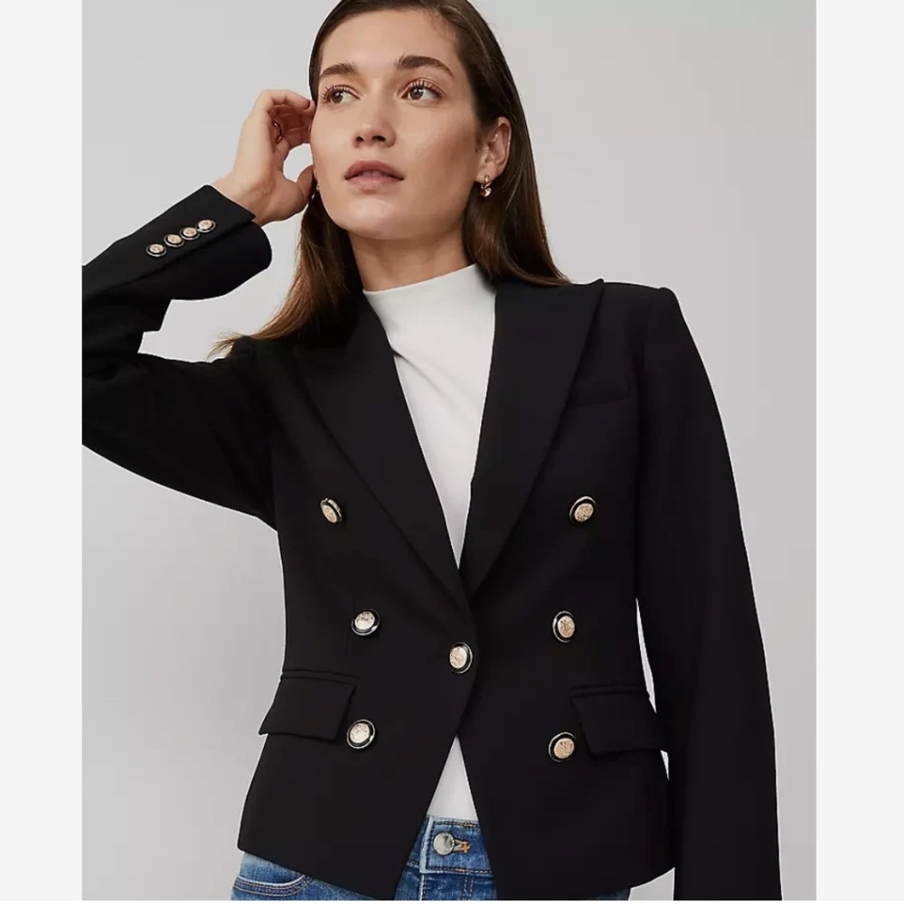 NWT Ann Taylor Black Double-Breasted Blazer with Gold Buttons ~ Size 14